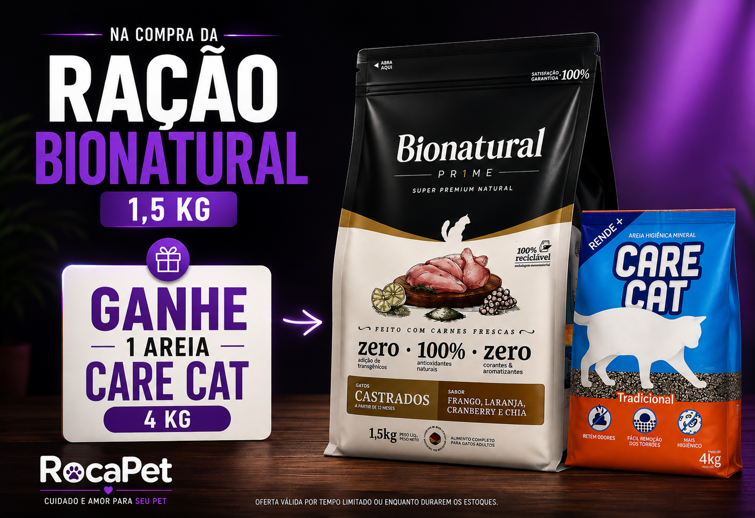 Ração Bionatural 1,5kg e Areia Care Cat 4kg